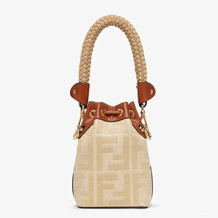 Affordable HOT Motif Fendi Straw In Handle Bag Tresor with Bucket Straw FF Mini Mon Beige 0604